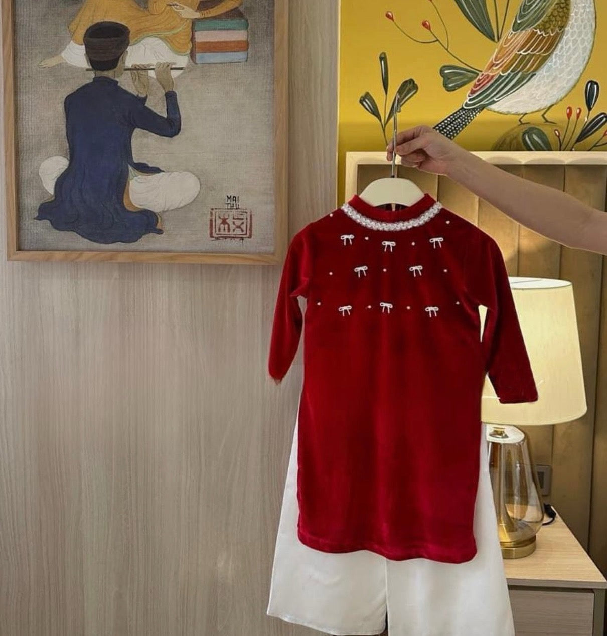 Áo Dài Nhung Đỏ Đính Nơ Handmade