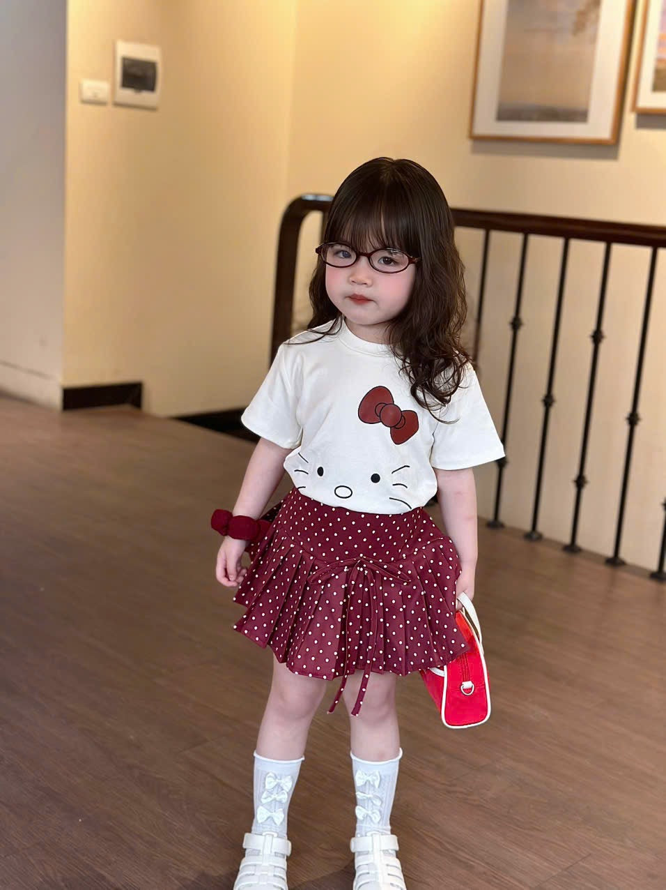 WHITE KITTYYY TOP WITH RED SKIRT SET