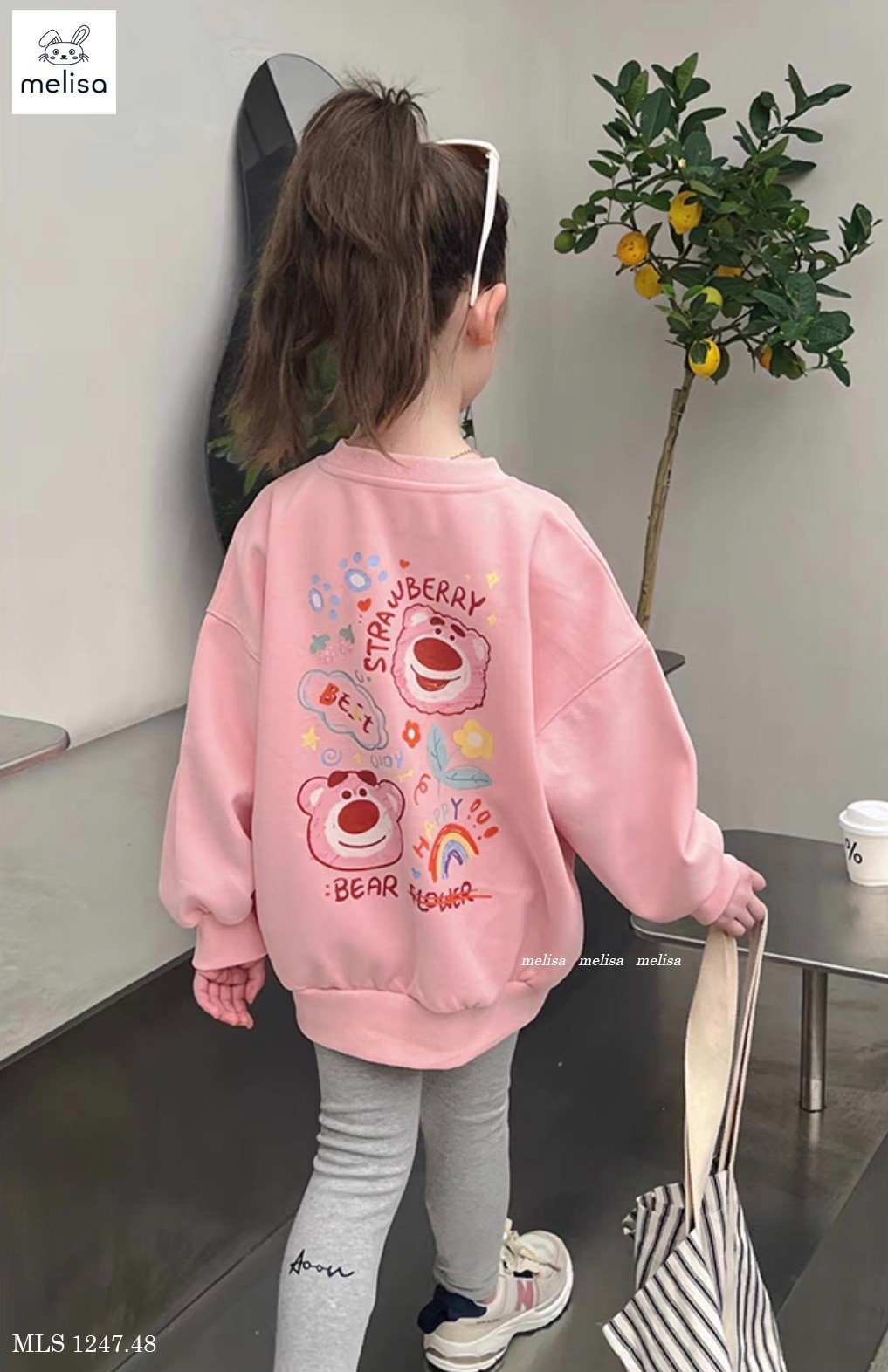 PINK STRAWBERRY BEAR TOP WITH GRAY LEGGING
