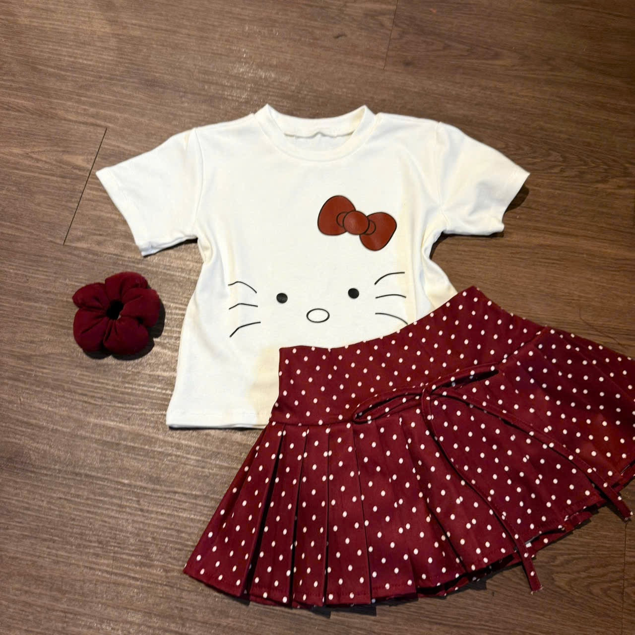 WHITE KITTYYY TOP WITH RED SKIRT SET