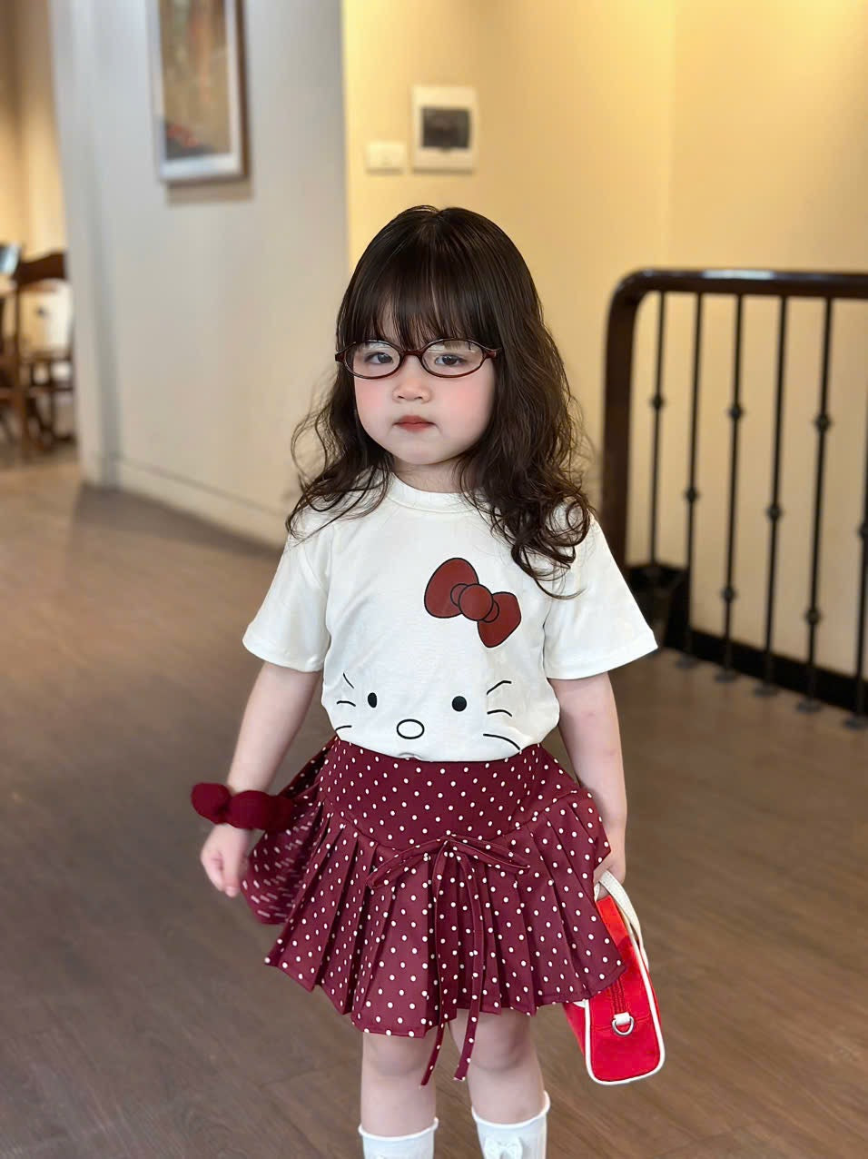 WHITE KITTYYY TOP WITH RED SKIRT SET