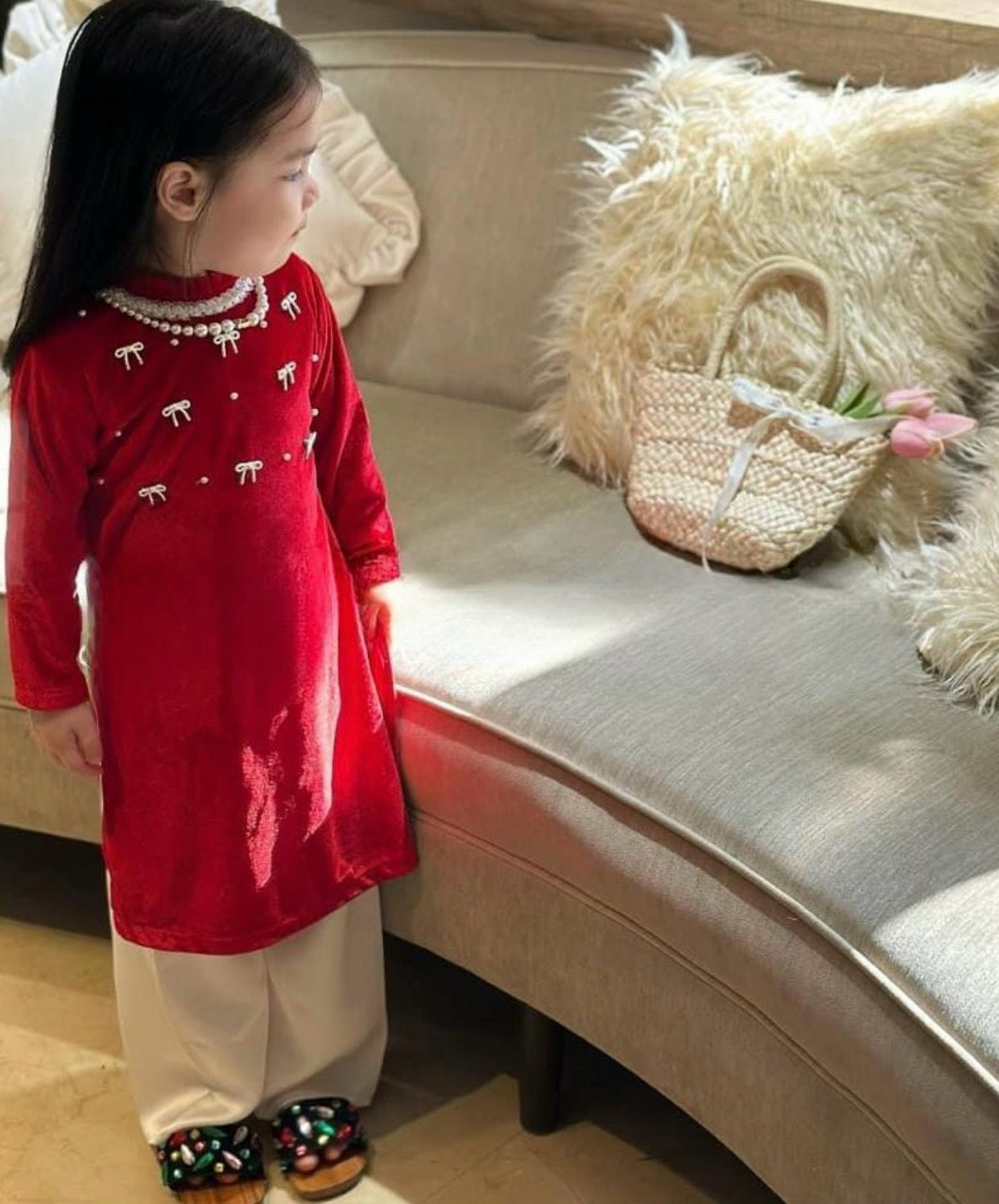 Áo Dài Nhung Đỏ Đính Nơ Handmade