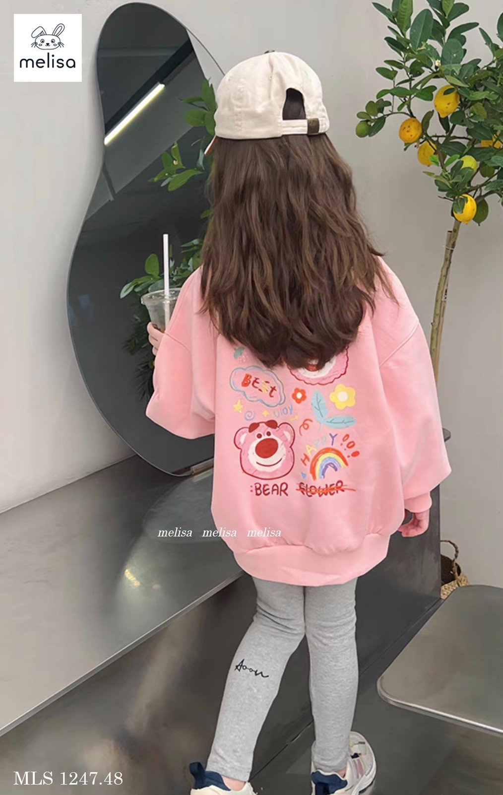 PINK STRAWBERRY BEAR TOP WITH GRAY LEGGING