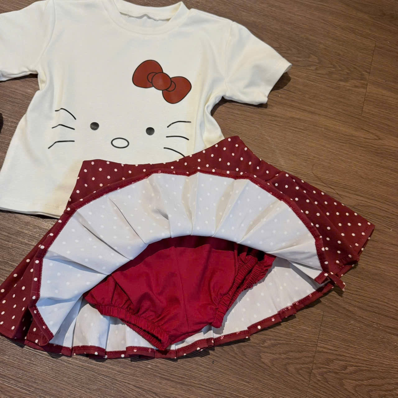 WHITE KITTYYY TOP WITH RED SKIRT SET