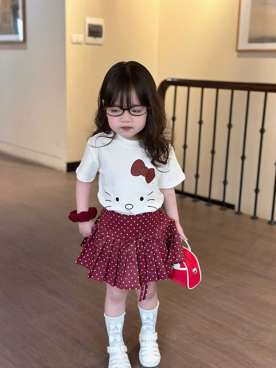 WHITE KITTYYY TOP WITH RED SKIRT SET