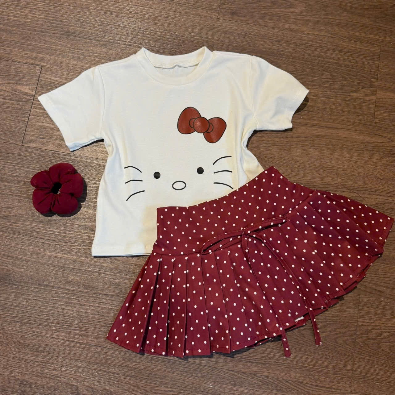 WHITE KITTYYY TOP WITH RED SKIRT SET