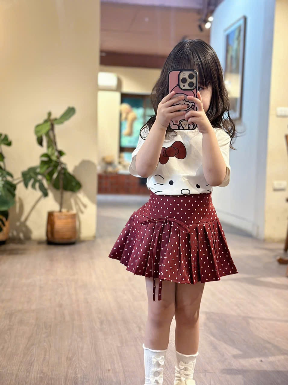 WHITE KITTYYY TOP WITH RED SKIRT SET