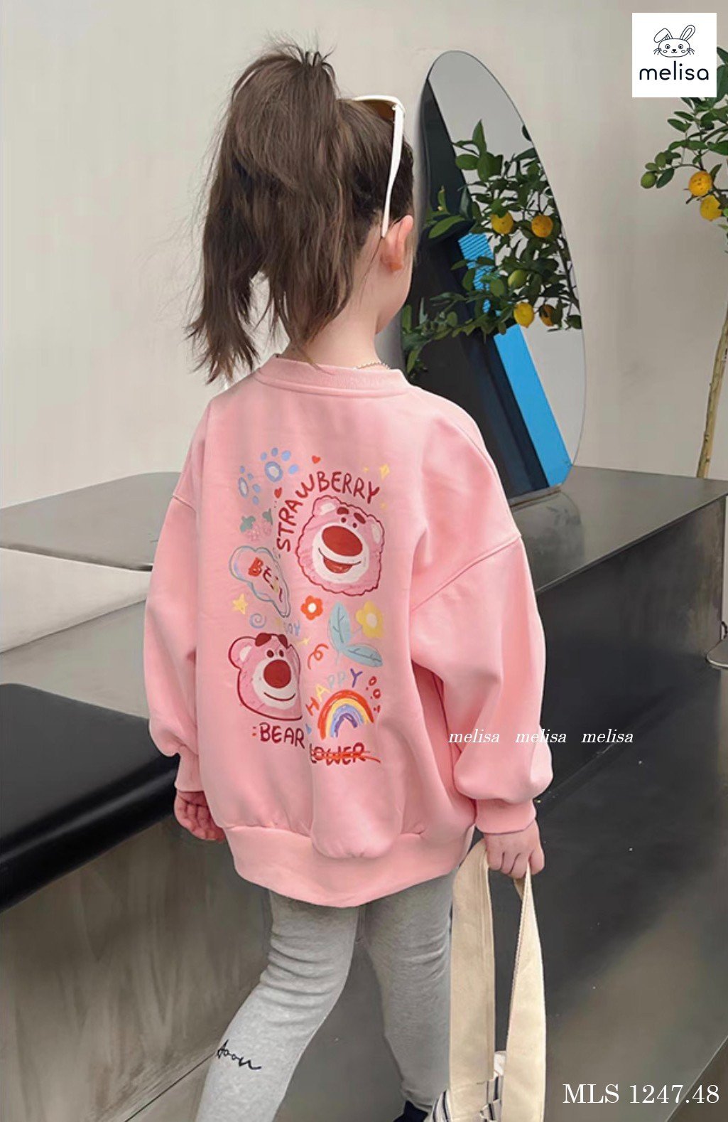 PINK STRAWBERRY BEAR TOP WITH GRAY LEGGING