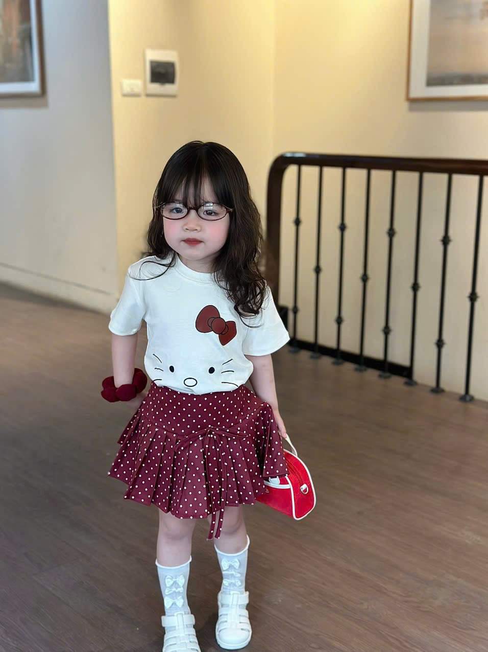 WHITE KITTYYY TOP WITH RED SKIRT SET