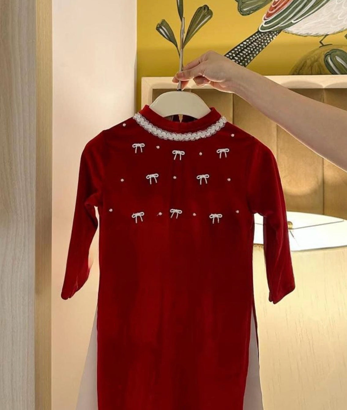 Áo Dài Nhung Đỏ Đính Nơ Handmade