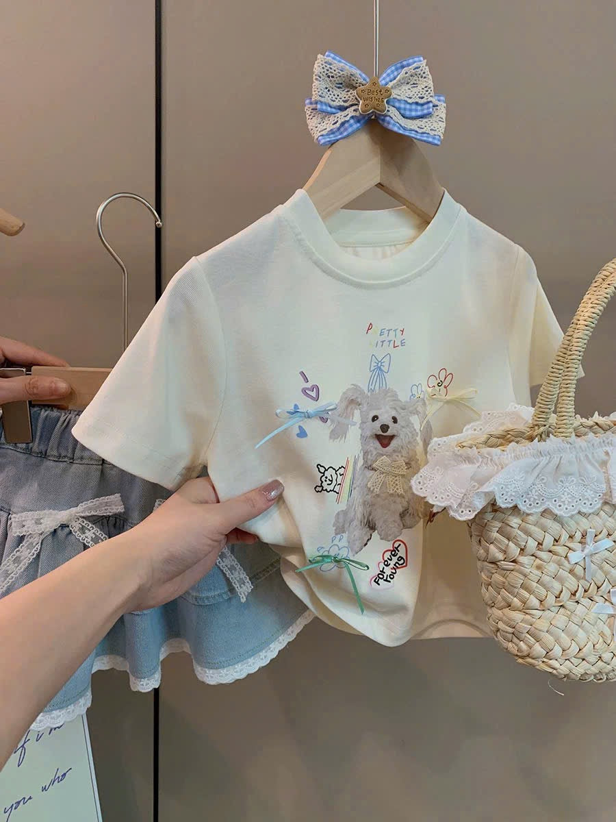CUTE DOT TEE WITH BLUE JEAN SKIRT SET