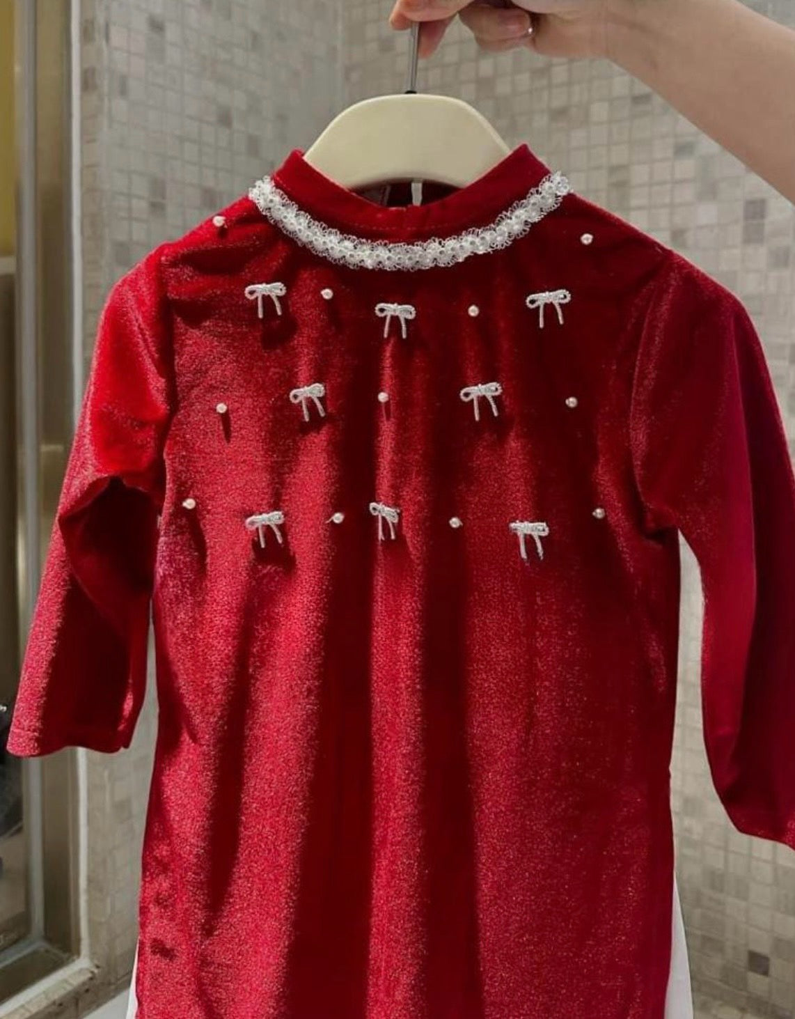 Áo Dài Nhung Đỏ Đính Nơ Handmade