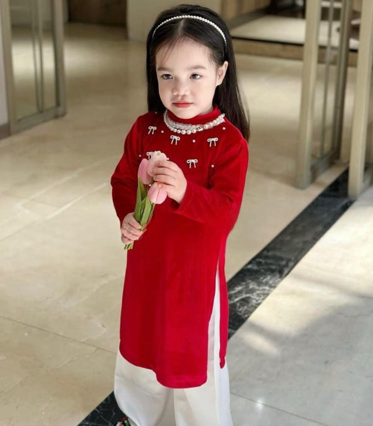 Áo Dài Nhung Đỏ Đính Nơ Handmade