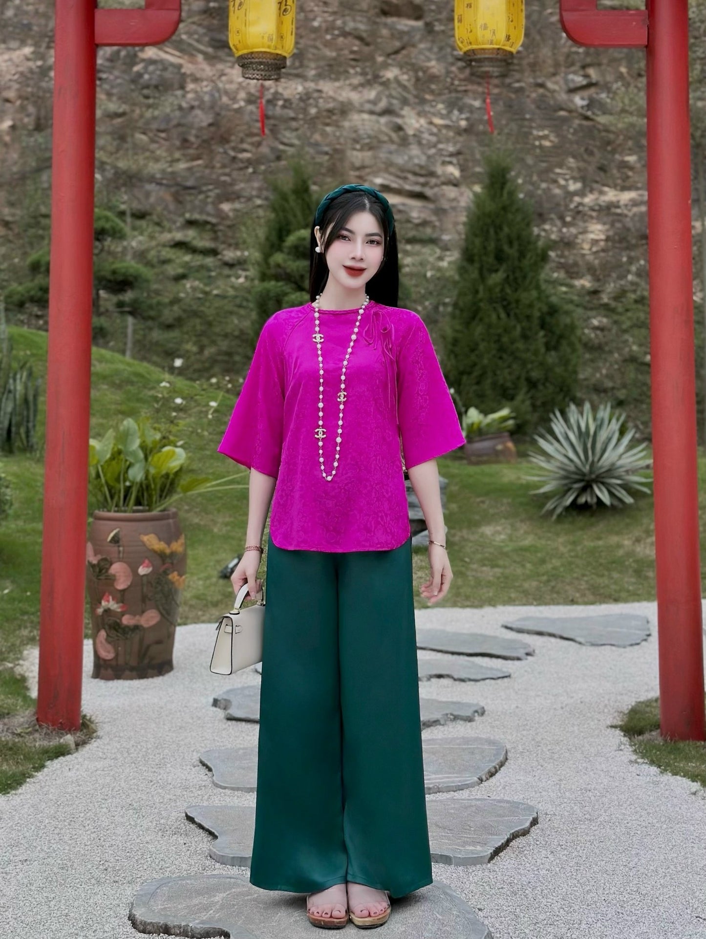 Bà Ba Cách Tân Phối Nơ ( Áo hồng sen + quần xanh lá)