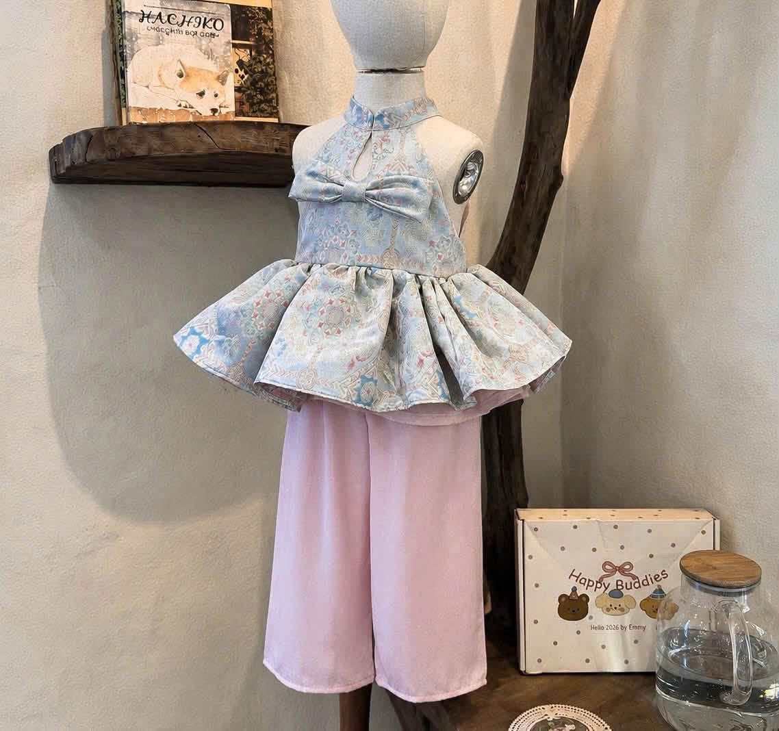 Girls Traditional Vietnamese Ao Yem Set, Kids Brocade Halter Top & Silk Pants, Baby Girl Tet Dress Outfit, Mid-Autumn Lunar New Year Costume
