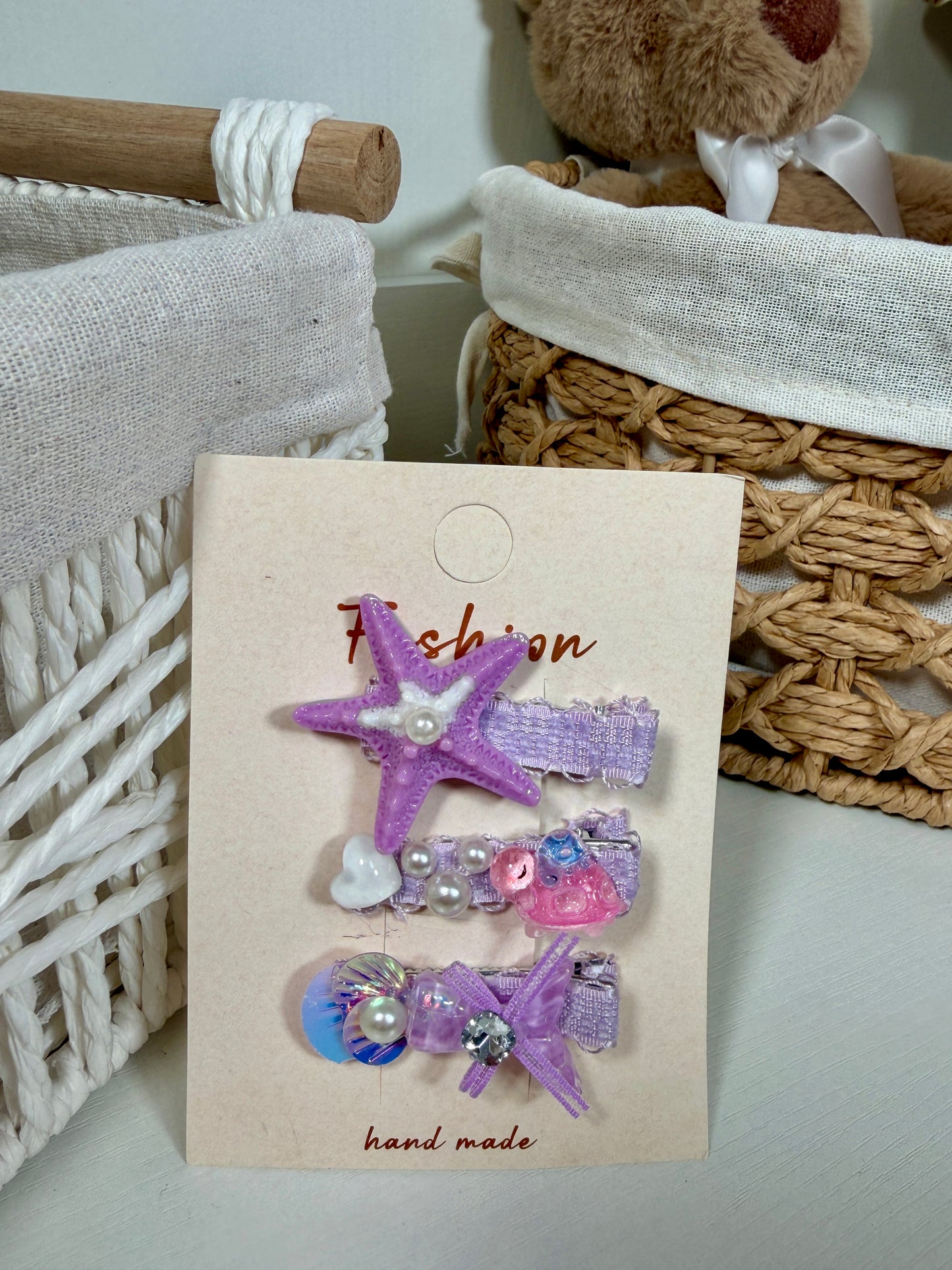 Handmade Starfish & Shell Hair Clip Set – 3 Piece Sparkle Ocean Hair Pins for Girls – Pastel Mermaid Core Hair Accessories