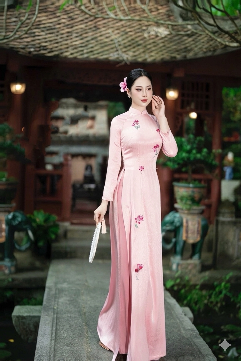 Floral Embroidery Ao Dai, Pink Long Dress for Women, Traditional Ao Dai with pants for Lunar New Year Wedding Guest Dress