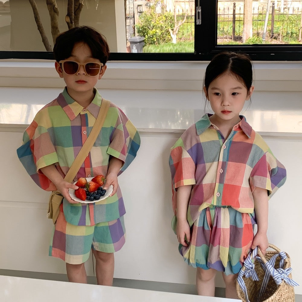 PASTEL CHECKERBOARD SHIRT AND SHORT SET