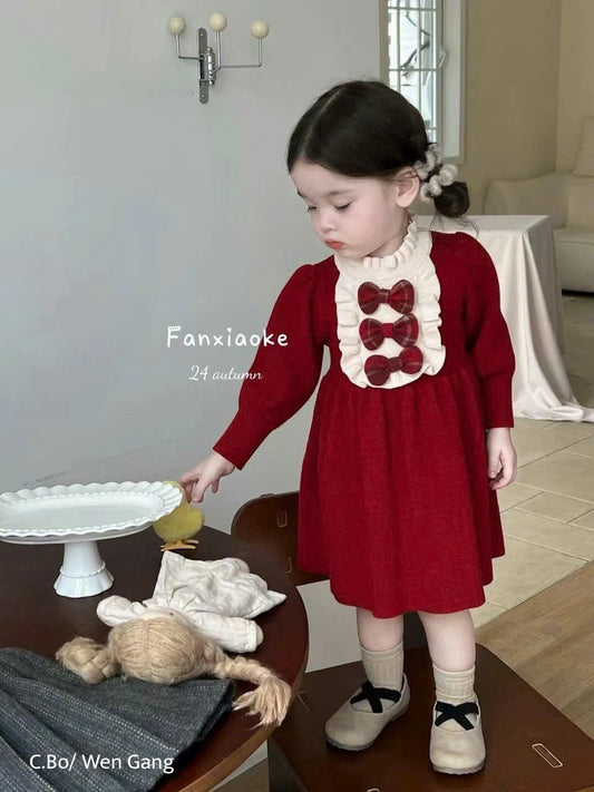 RED BOW WOOLEN DRESS