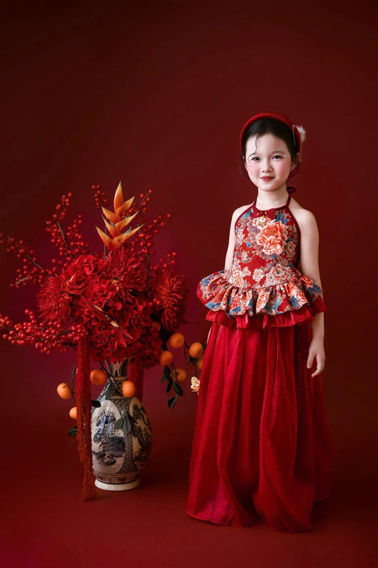 Girls Red Floral Ao Yem Set, Kids Vietnamese Traditional Halter Top & Long Skirt Outfit, Baby Girl Tet Dress, Lunar New Year Festival Costume