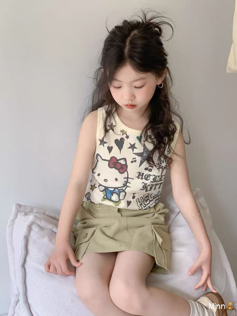 CUTE CAT TOP AND KHAKI SKIRT SET