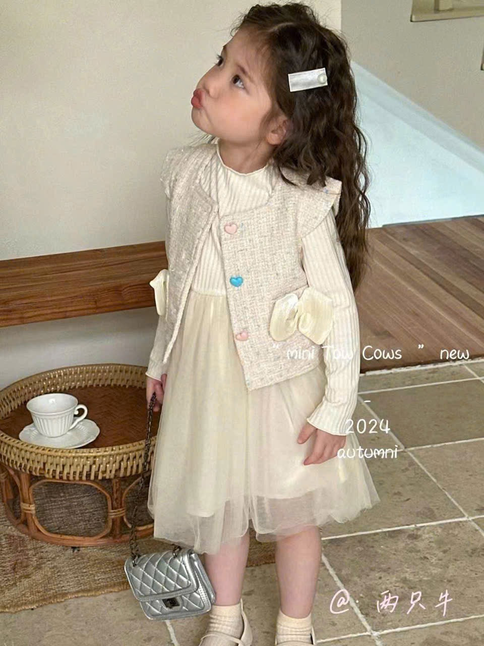 CREAM WOOLEN DRESS WITH NECK VEST SET