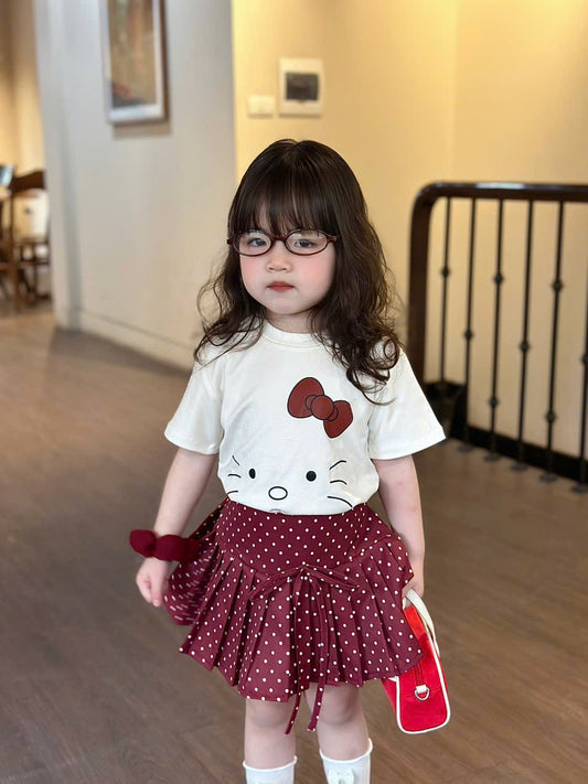 WHITE KITTYYY TOP WITH RED SKIRT SET