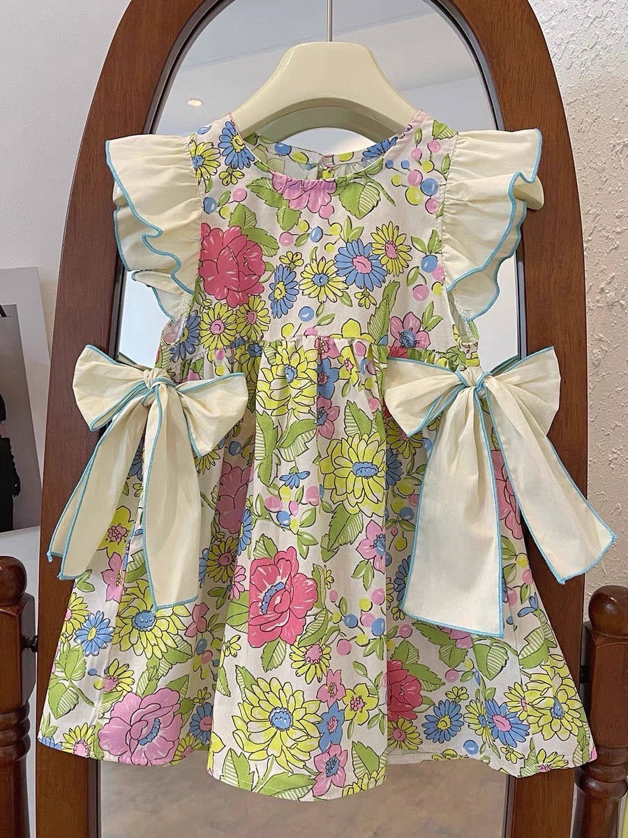 GREEN FLORAL WITH TWO BOWS DRESS