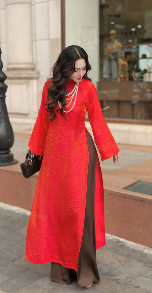 Kim - Red Silk Áo Dài - Traditional Vietnamese Dress for Women | Wedding Guest Gown
