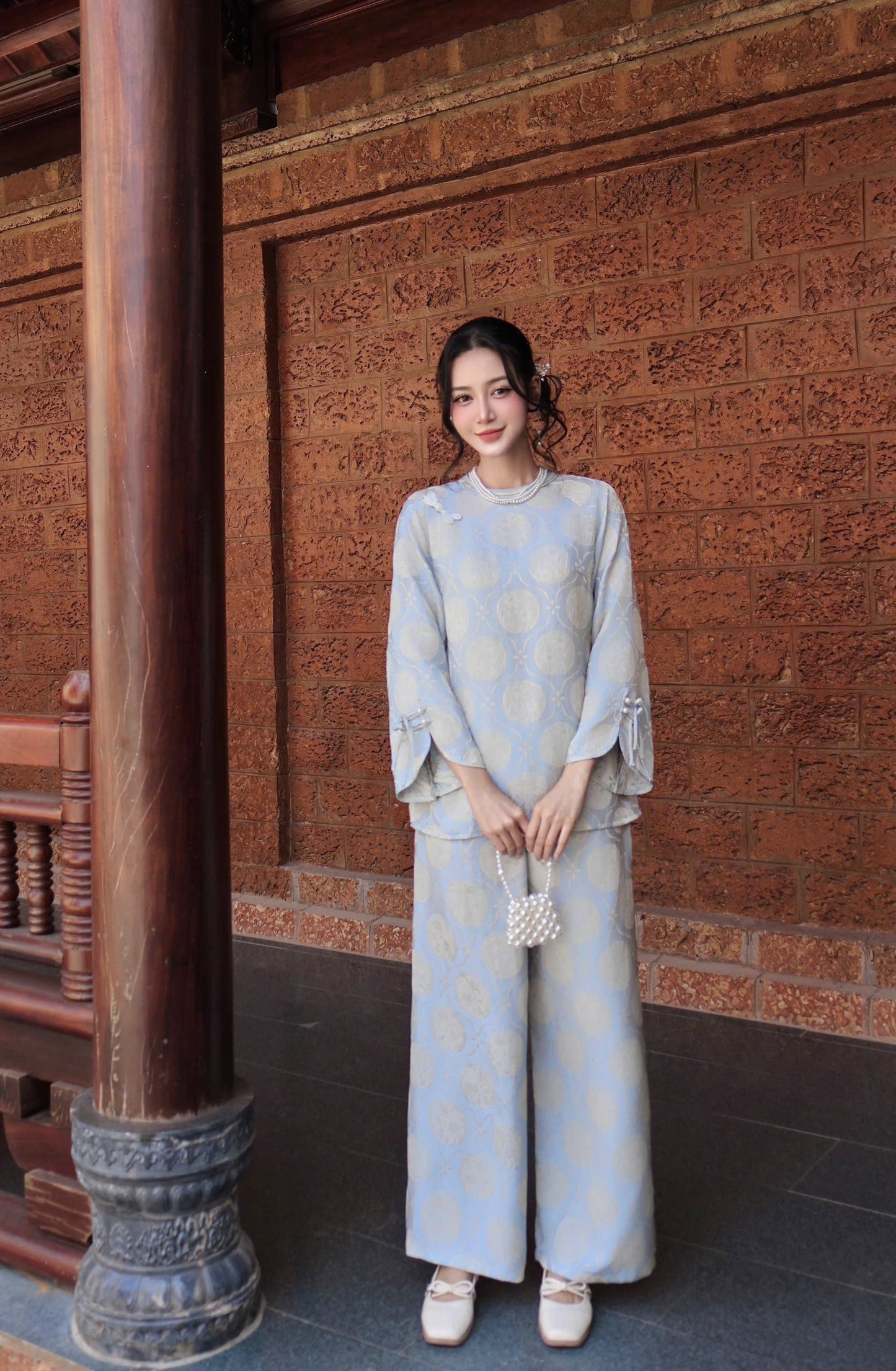 Elegant Pastel Blue Áo Bà Ba Set – Modern Vietnamese Traditional Wear