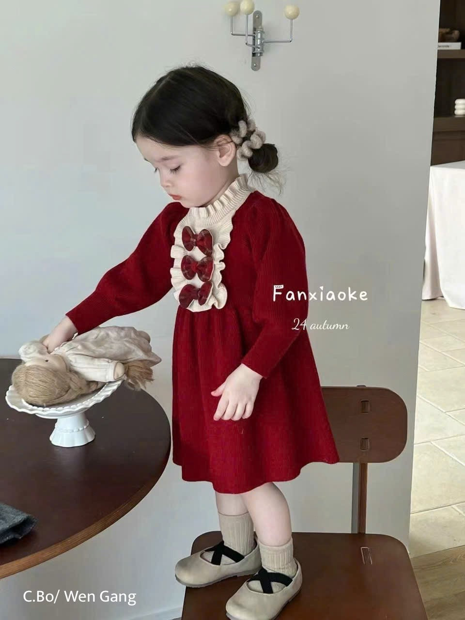 RED BOW WOOLEN DRESS