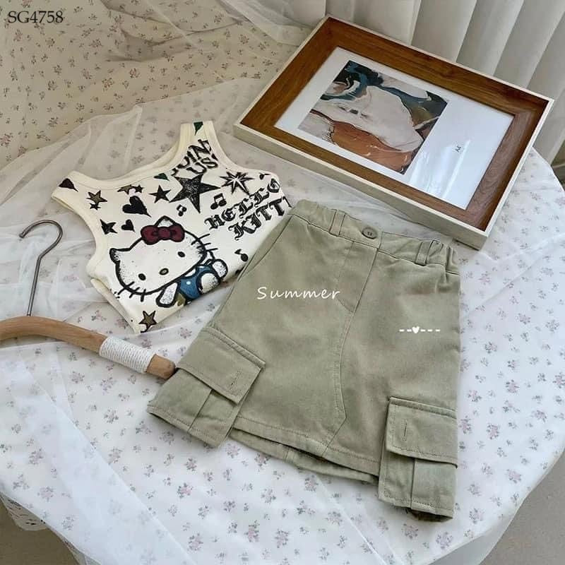 CUTE CAT TOP AND KHAKI SKIRT SET