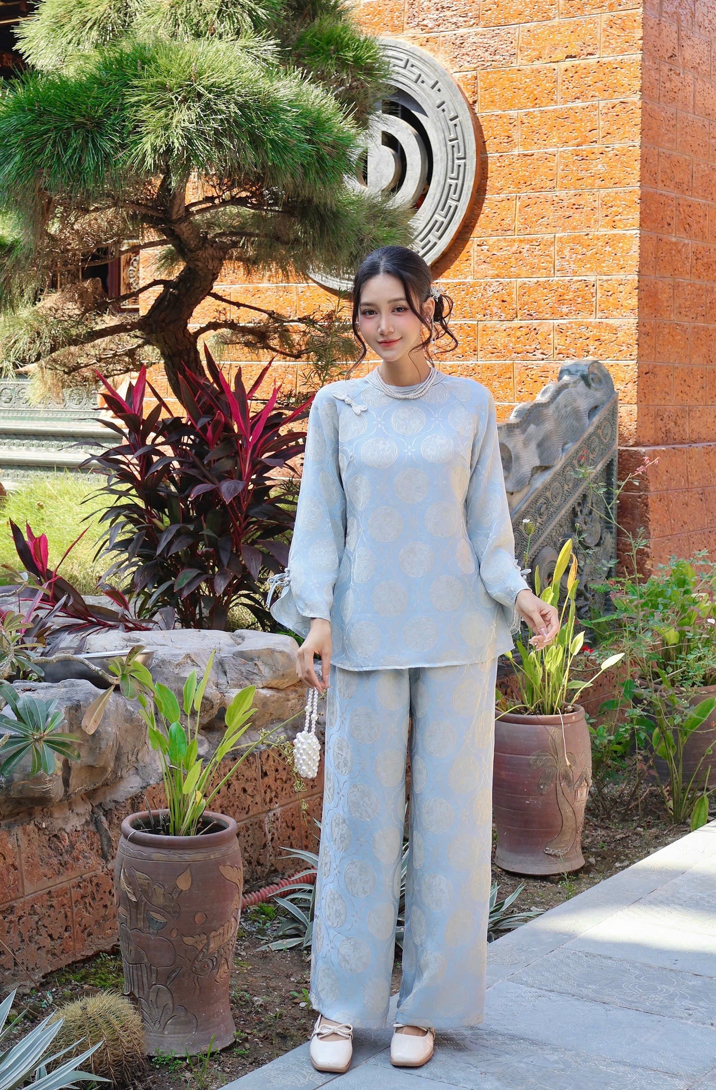 Elegant Pastel Blue Áo Bà Ba Set – Modern Vietnamese Traditional Wear
