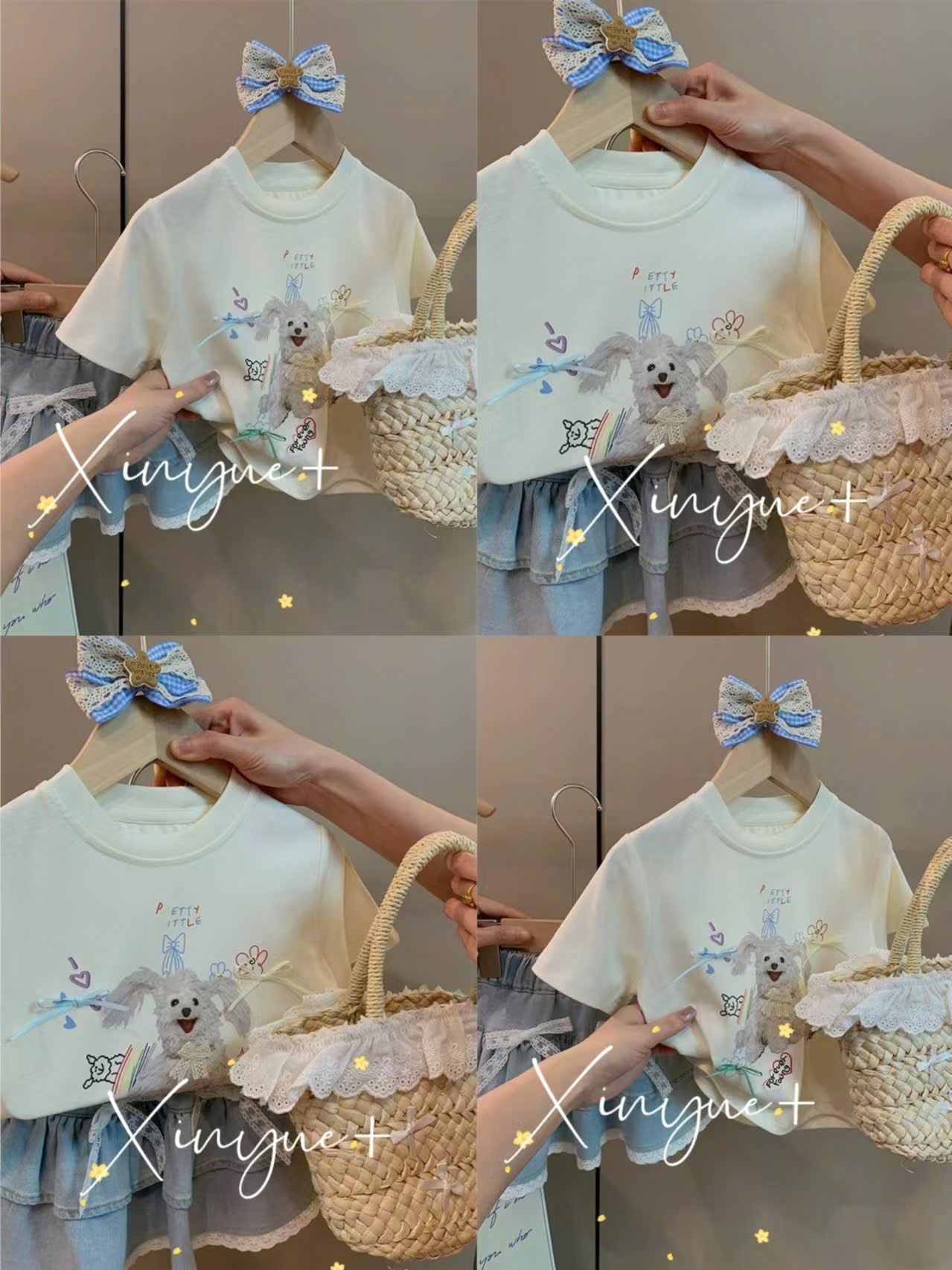 CUTE DOT TEE WITH BLUE JEAN SKIRT SET