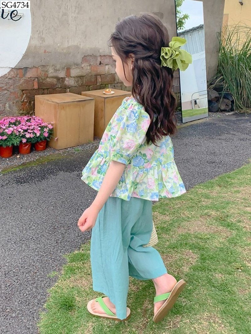GREEN FLORAL TOP WITH PANTS SET