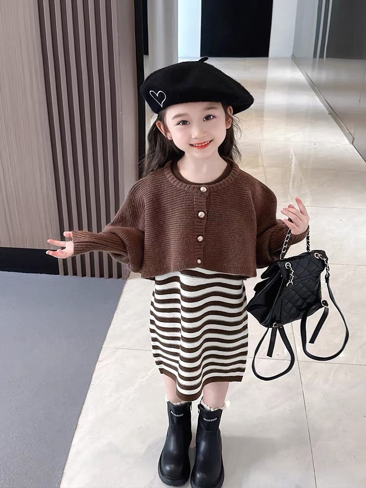 BROWN CARDIGAN AND DRESS SET