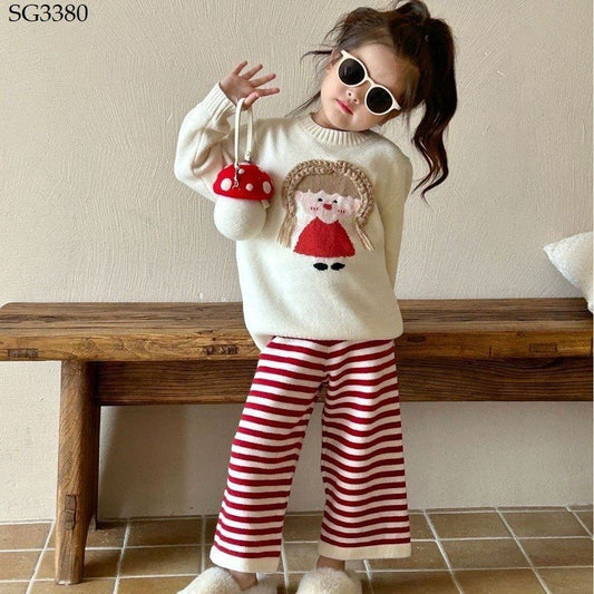 WHITE SWEATER AND RED STRIP PANTS SET