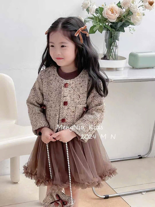 BROWN DRESS WITH TWEET JACKET SET