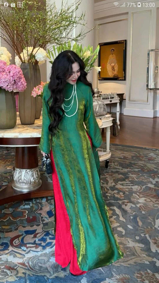 Kim - Green Silk Áo Dài - Traditional Vietnamese Dress for Women | Wedding Guest Gown