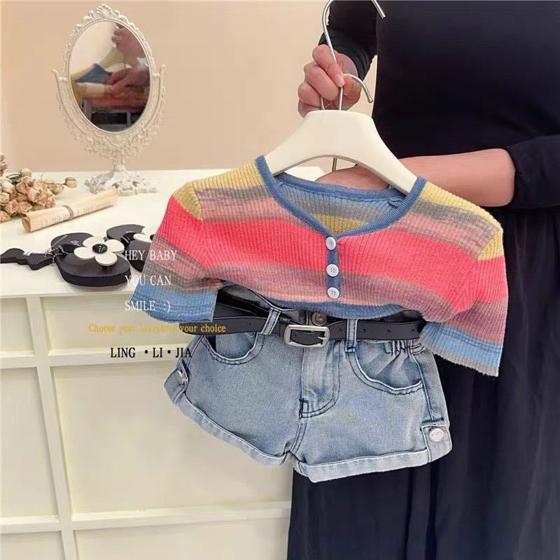 COLORFUL TOP WITH JEAN SHORT SET