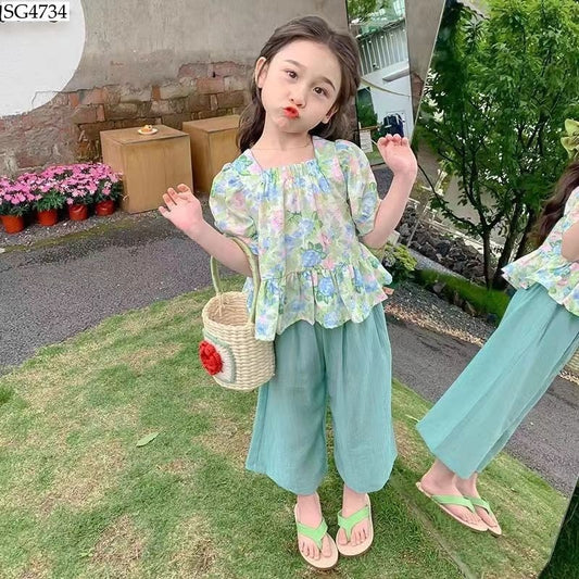 GREEN FLORAL TOP WITH PANTS SET