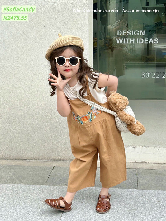WHITE TOP AND LIGHT BROWN OVERALL SET