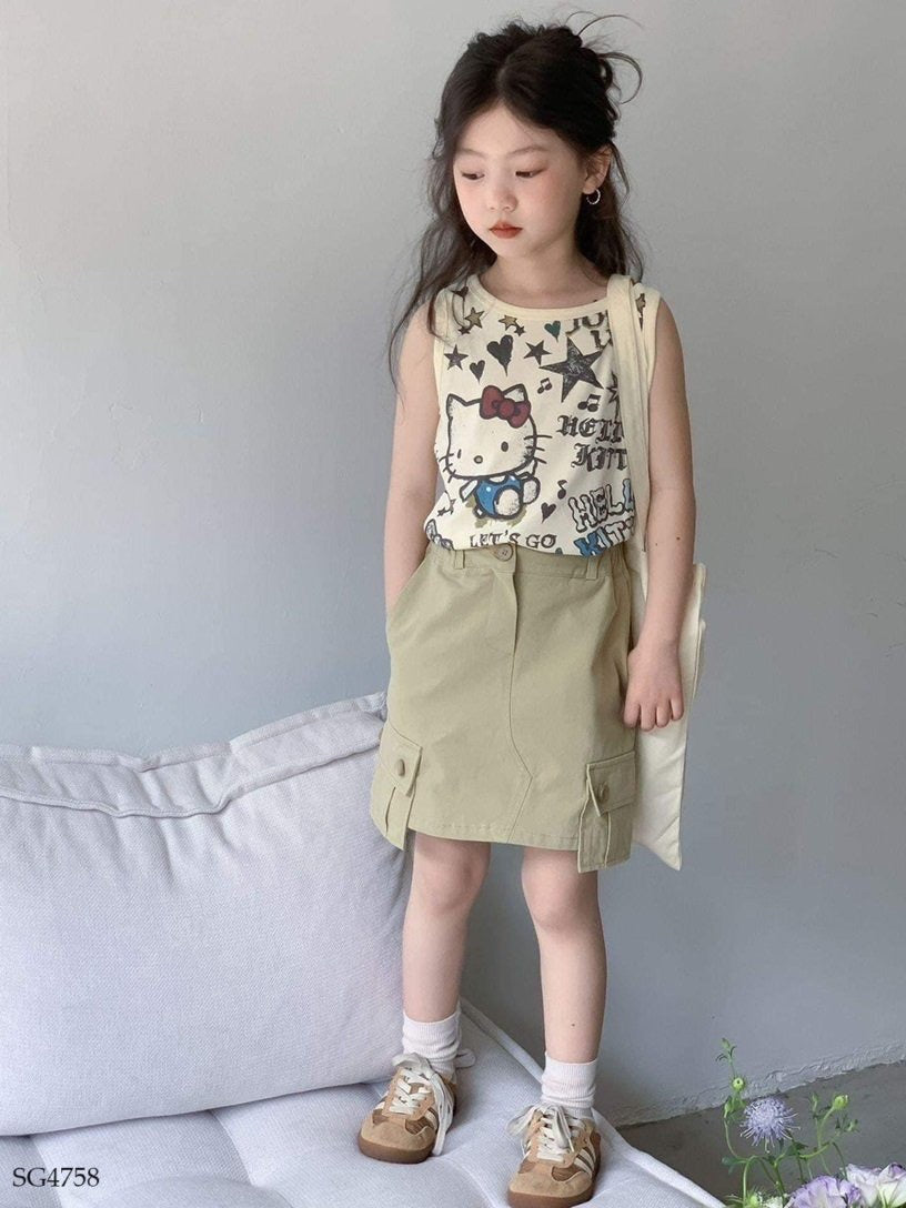 CUTE CAT TOP AND KHAKI SKIRT SET