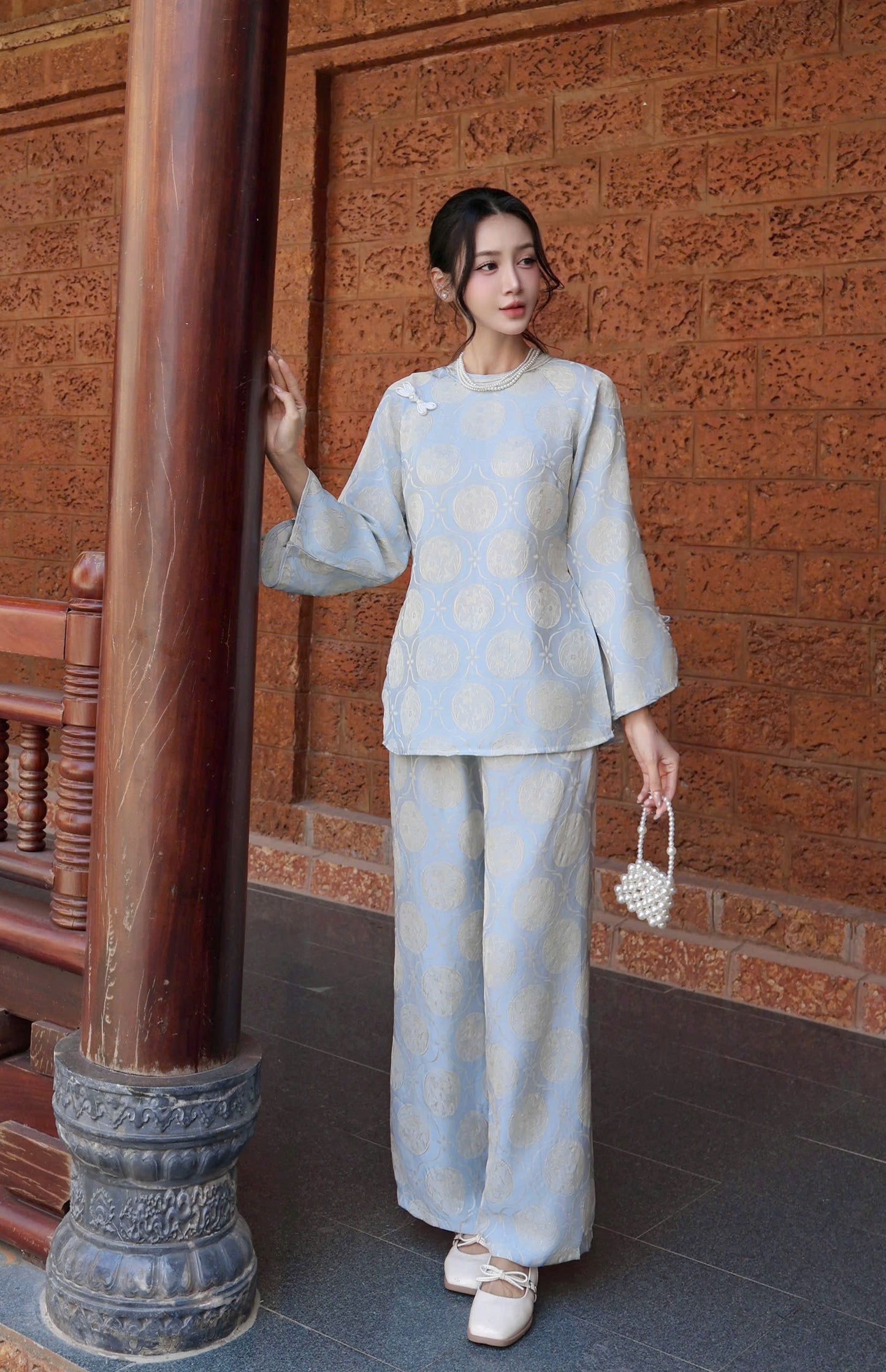 Elegant Pastel Blue Áo Bà Ba Set – Modern Vietnamese Traditional Wear