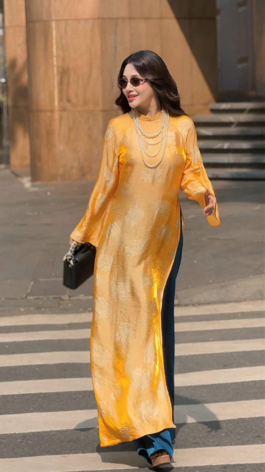 Kim - Orange Silk Áo Dài - Traditional Vietnamese Dress for Women | Wedding Guest Gown