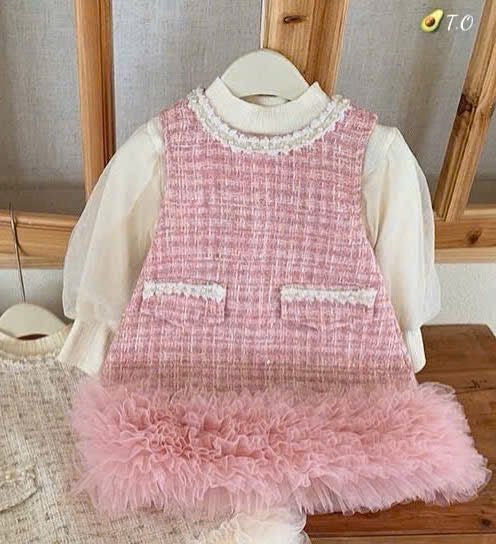 PINK TWEET DRESS WITH WHITE TOP SET