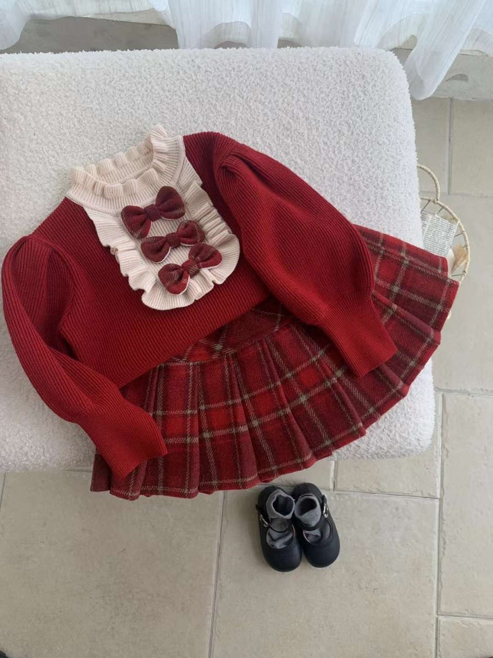 RED WOOLEN TOP WITH SKIRT SET