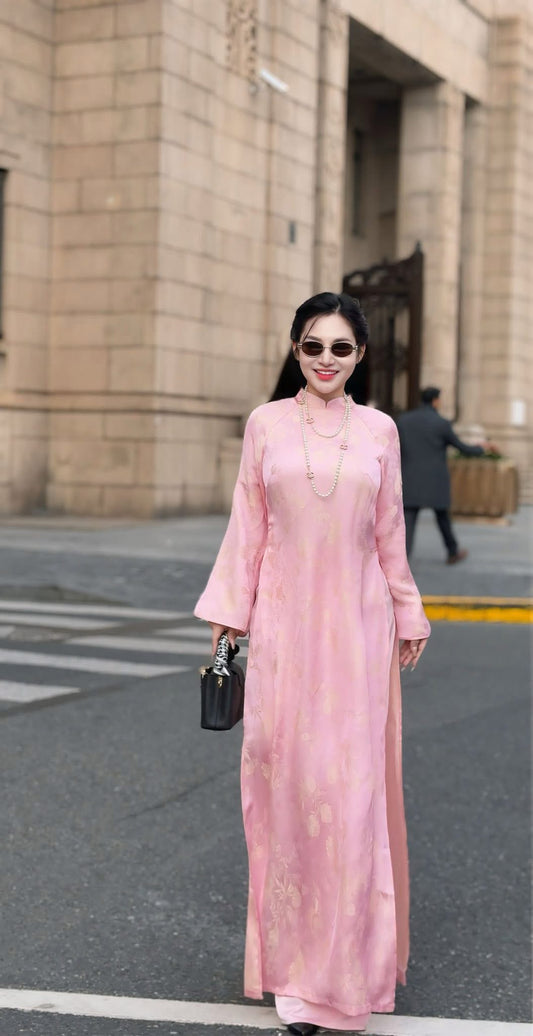 Kim - Light Pink Silk Áo Dài - Traditional Vietnamese Dress for Women | Wedding Guest Gown