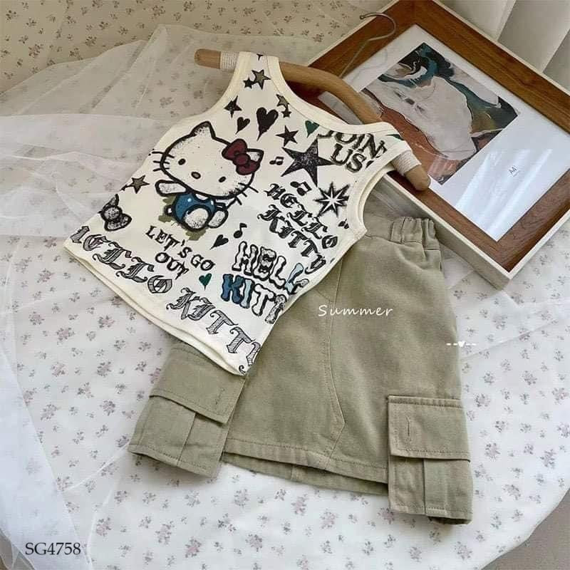 CUTE CAT TOP AND KHAKI SKIRT SET