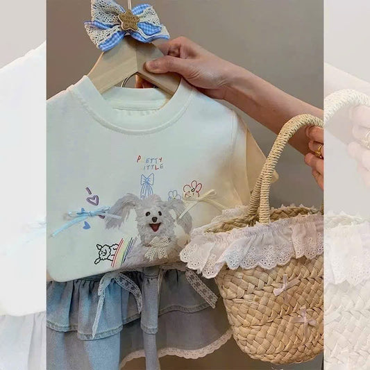 CUTE DOT TEE WITH BLUE JEAN SKIRT SET
